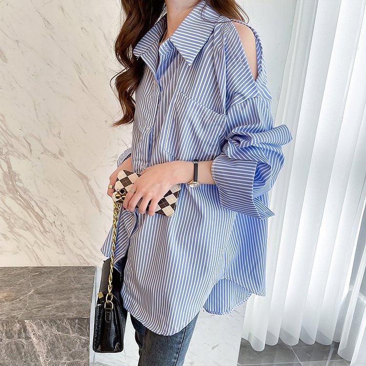 Blue Stripes Shift Cold Shoulder Shirts & Tops