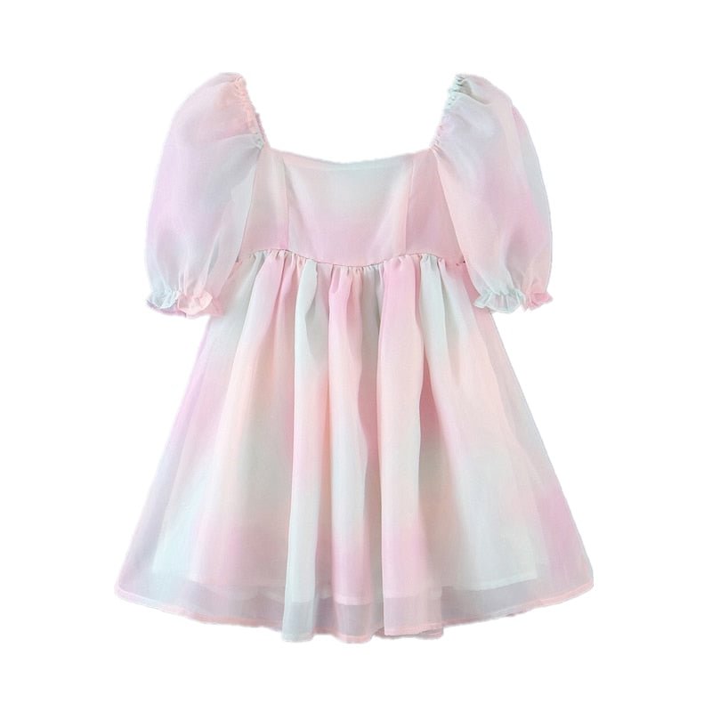 2021 Summer Tie dye Colored Organza Ball Gown Dress Puff Sleeve Retro Women Swing Short Dresses Fairy Vestidos