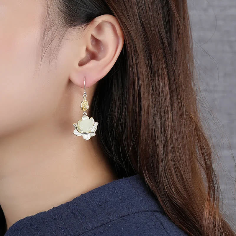 White Jade Lotus Harmony Protection Drop Earrings
