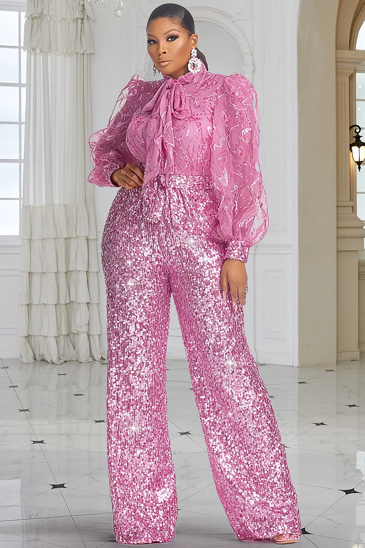 Xpluswear Design Plus Size Formal Pink Bow Tie Lantern Sleeve Long Sleeve Contrast Elegant Wide Leg Sequin Jumpsuits [Pre-Order]