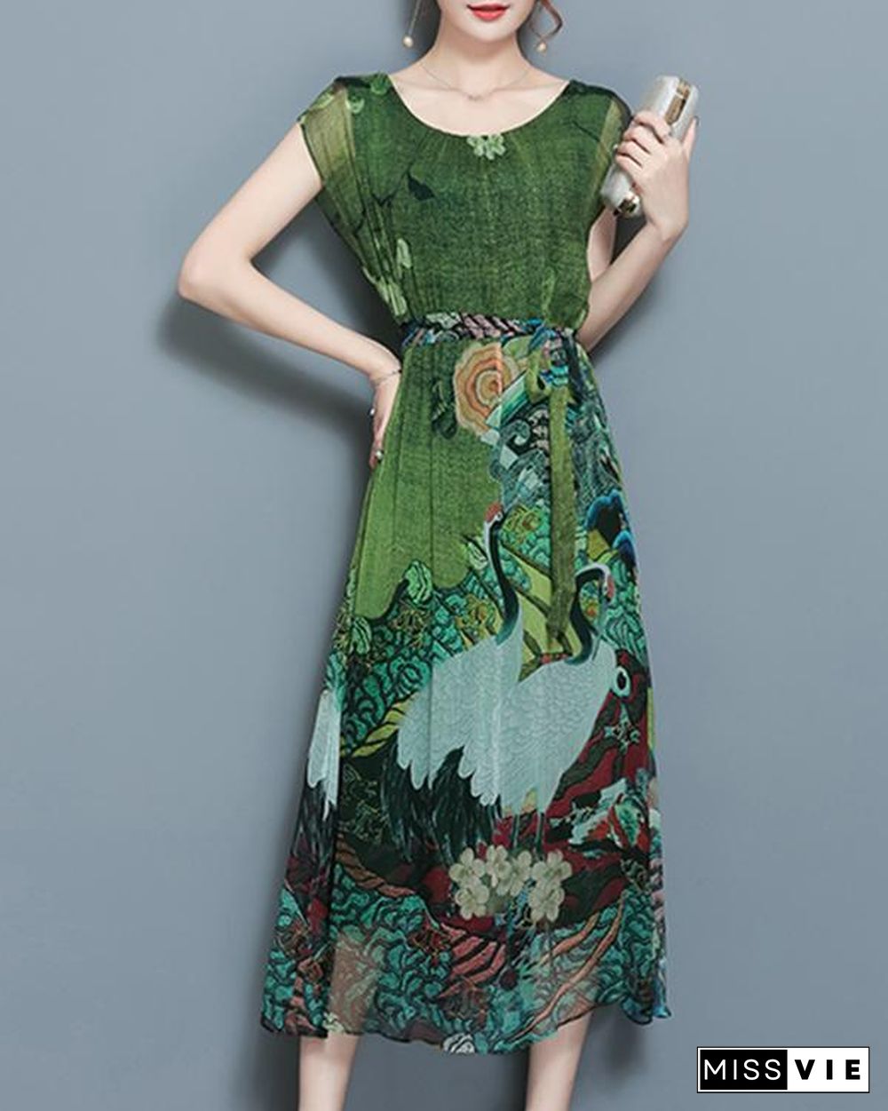 Women Vintage Printed Short Sleeve Mid-Long Dresses
