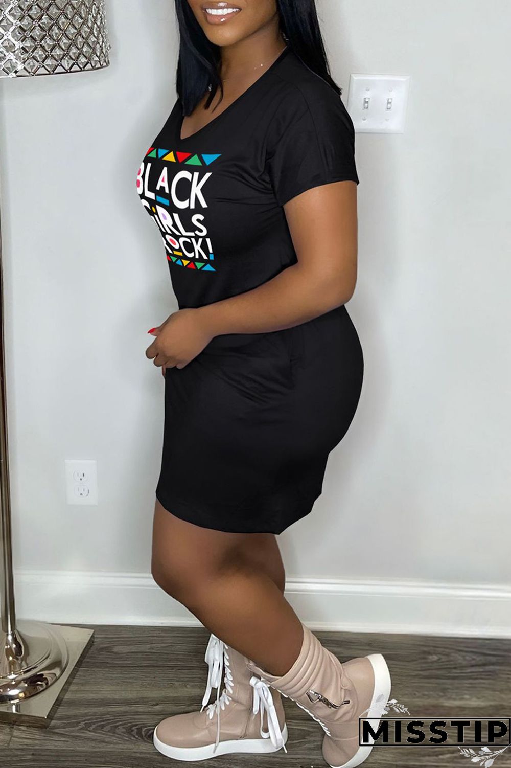 Orange Casual Print Basic V Neck Short Sleeve Dress