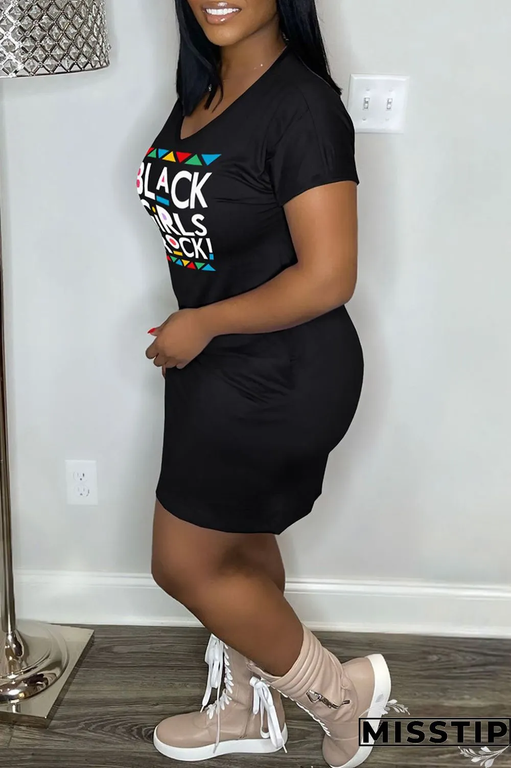 Orange Casual Print Basic V Neck Short Sleeve Dress