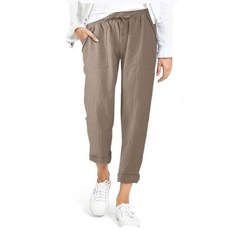 Drawstring High Waist Pocket Large Size Cotton And Casual Pants For Women