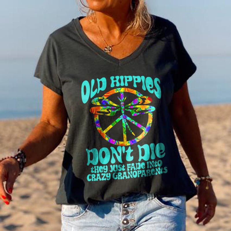 Old Hippies Don't Die They just Fade Into Crazy Grandparents Women Graphic Tees