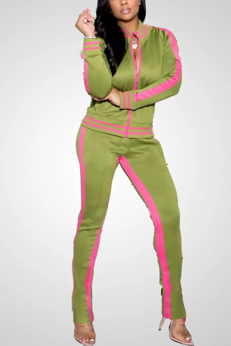 Green Casual Solid Split Joint O Neck Long Sleeve Two Pieces