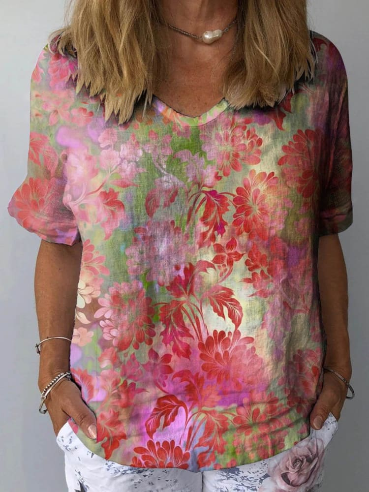 Womens  Art Flower Pattern Print Cotton And Linen Top