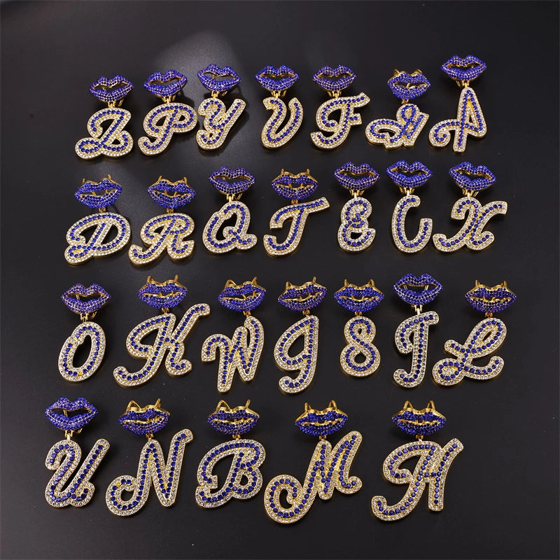 Hye Hot Sale 26 Letters Blue Mouth Pendant Cuban Link Chain Diamond-Embedded Hip Hop Couple Rapper Ornament