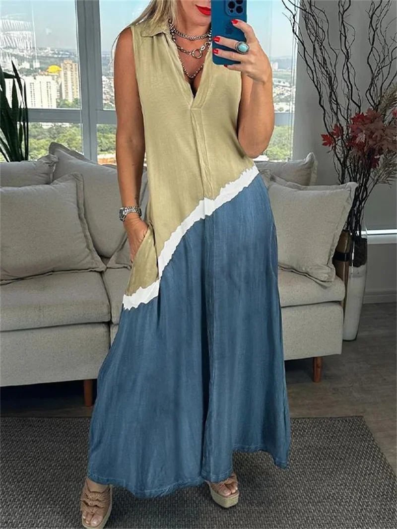 Women's Elegant Bohemian V- Neck Sleeveless Contrasting Colors Printed Tank Top Dress
