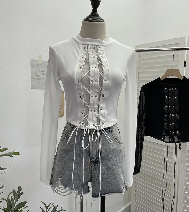 Churchf Real Shoot Spice Girls Strap Spliced Pu Skin Repair Slim Semi-High Collar Long Sleeve Top Short T-Shirt 8886