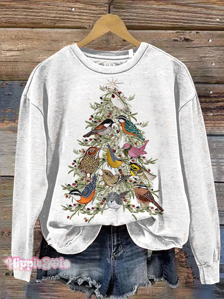 Christmas Bird Art Print Casual Sweatshirt White / S