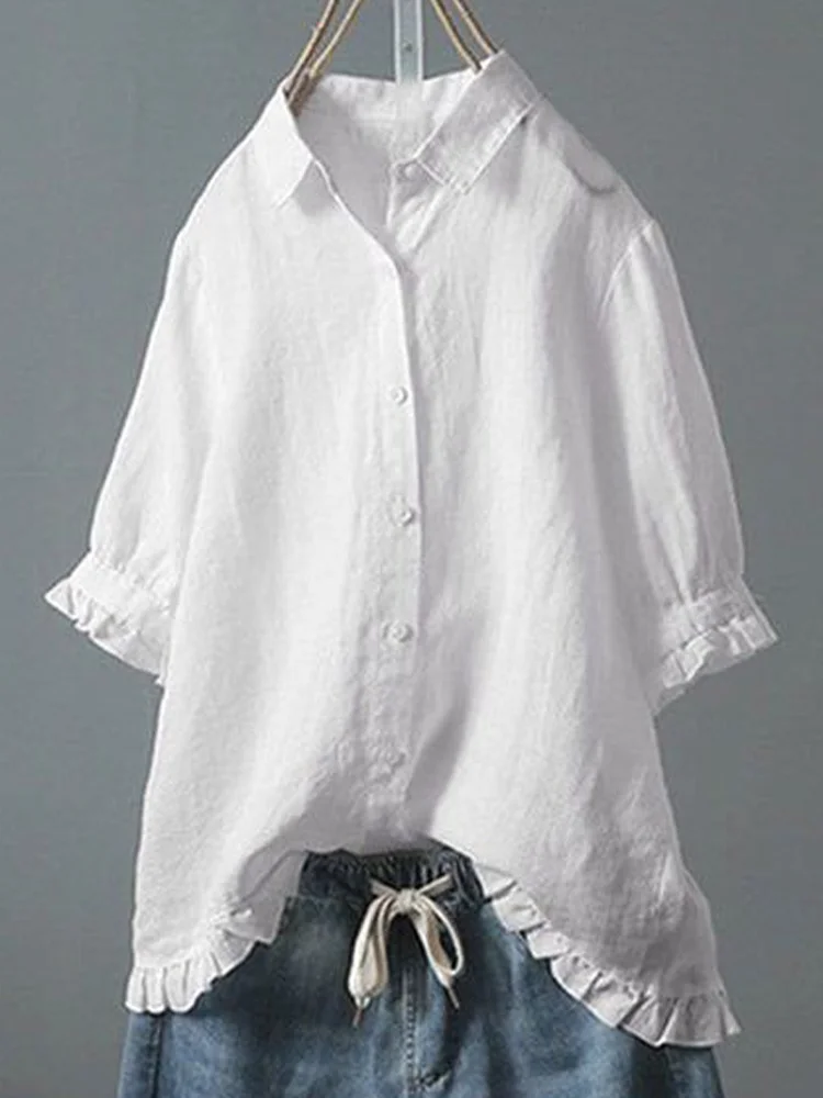 Casual Single-Breasted Ruffled Cotton And Linen Shirt