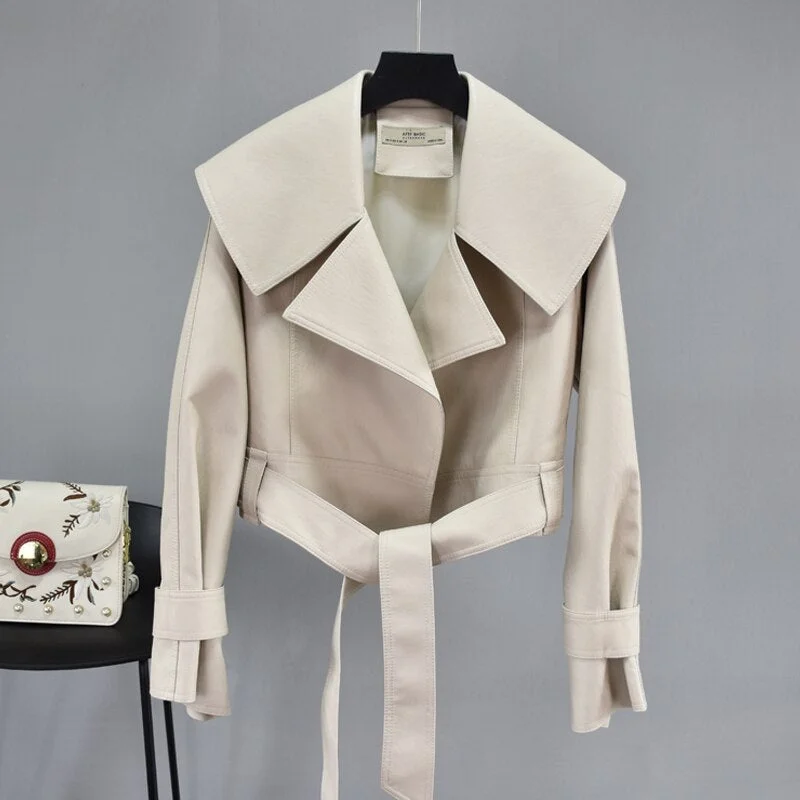 FTLZZ Autumn Women Pu Leather Jackets Short Coat Turndown Collar Belt Lace-up Motorcycle Black Punk Red Overcoat Female Outwear