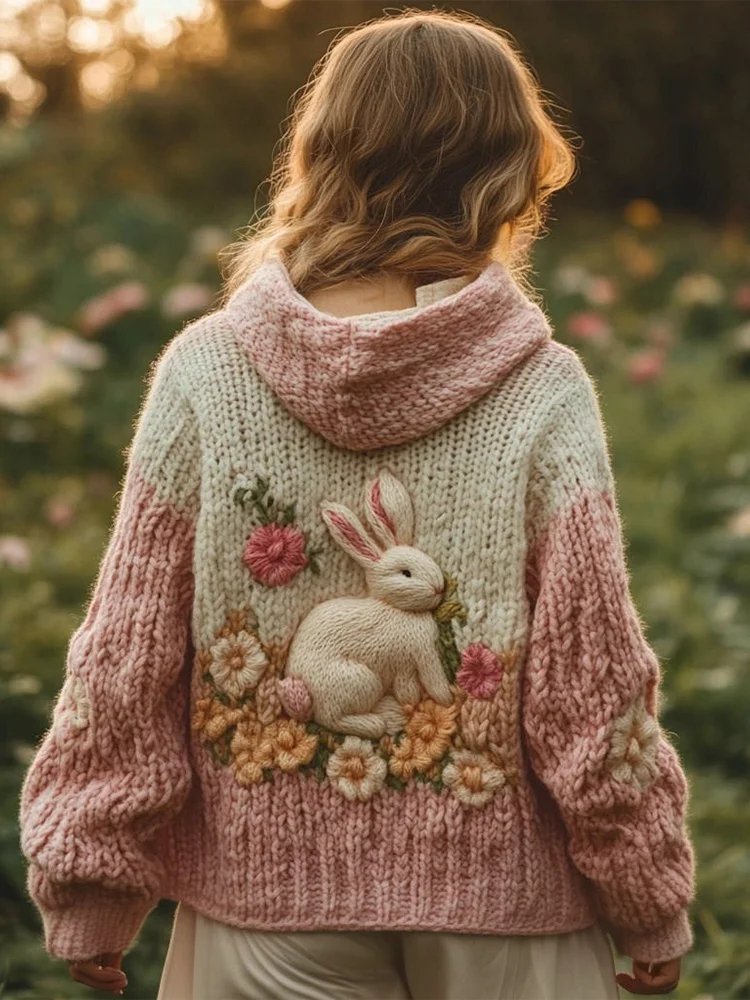 VChics Women's Bunny & Floral Embroidery Cozy Knit Hooded Cardigan