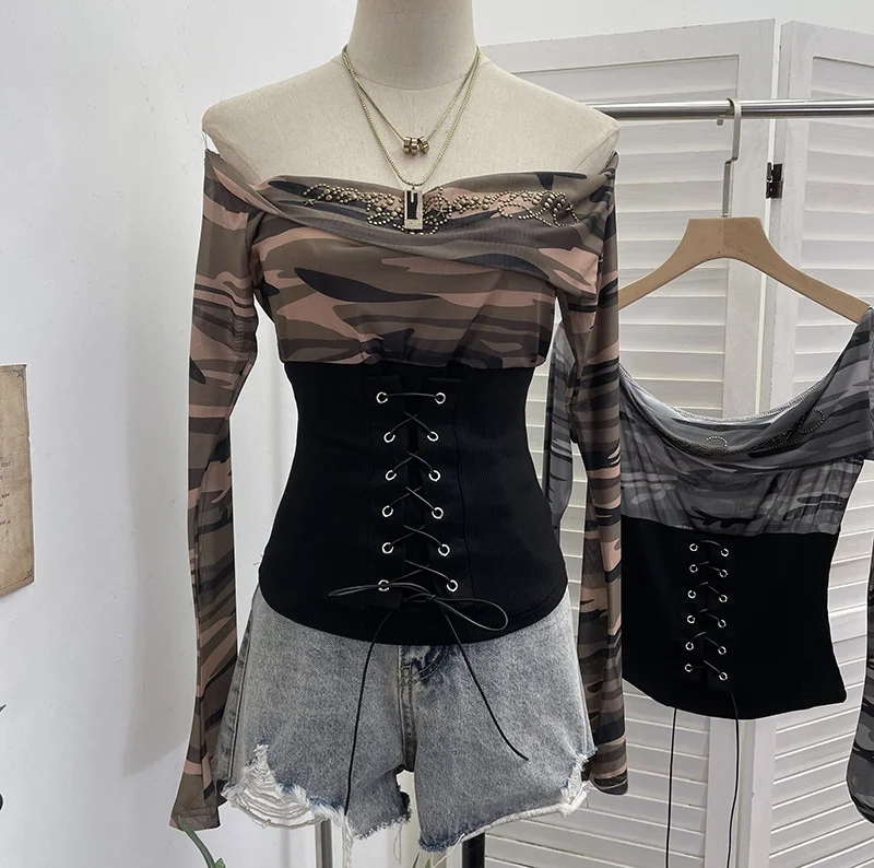 Nigikala Nigikala Real Shot Of The Hottie Shoulder Mesh Hot Diamond To Receive The Belt Strap Horn Long Sleeve Top Short T-Shirt 2760