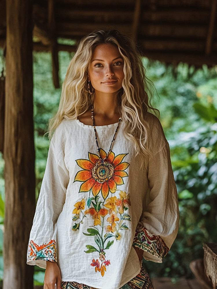 Comstylish Retro Bohemian Resort Linen Art Embroidery Print Cotton And Linen Blend Loose Blouse