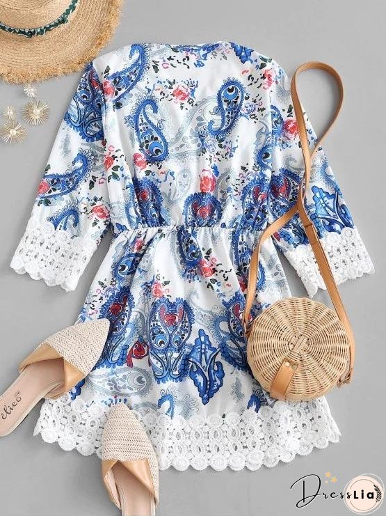 Paisley Print Crochet Panel Mini Dress