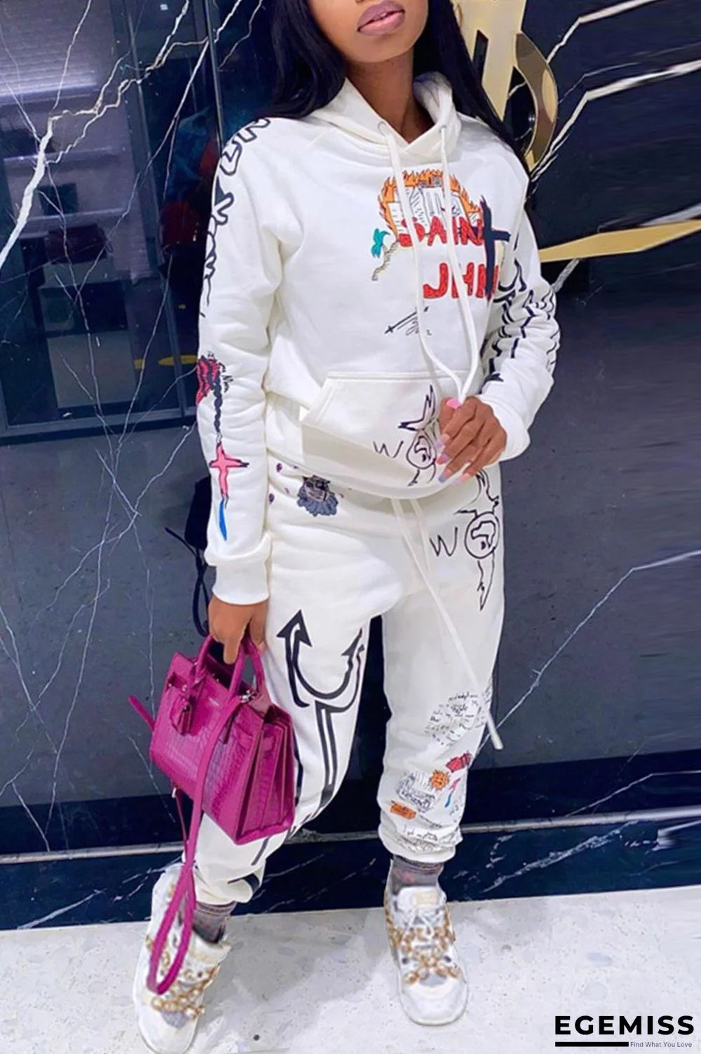 White Fashion Casual Adult Print Patchwork Hooded Collar Long Sleeve Regular Sleeve Regular Two Pieces | EGEMISS