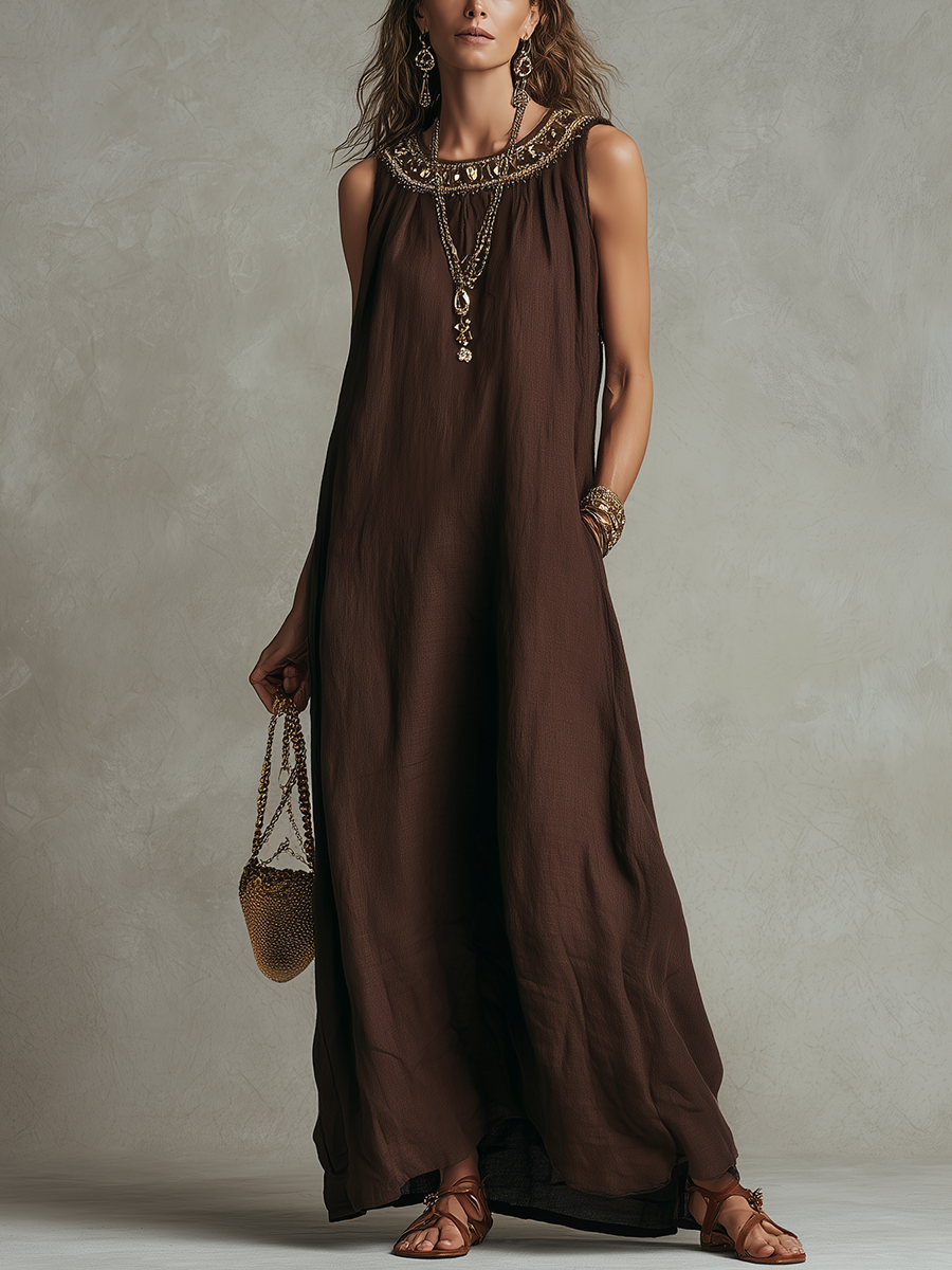 Minimalist Resort Style Linen Sleeveless Long Dress