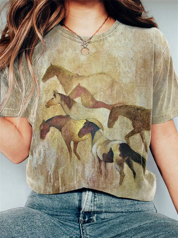 Comstylish Horse Oil Painting Art Print Vintage T-shirt