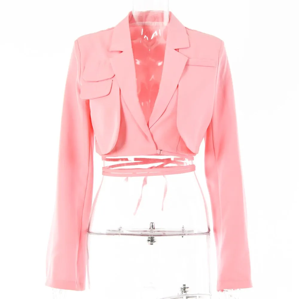 Articat Gray Double Layer Bandage Slim Blazer Women Long Sleeve Pocket Short Jacket Female Notched Collar Outwear Tops 2021 New