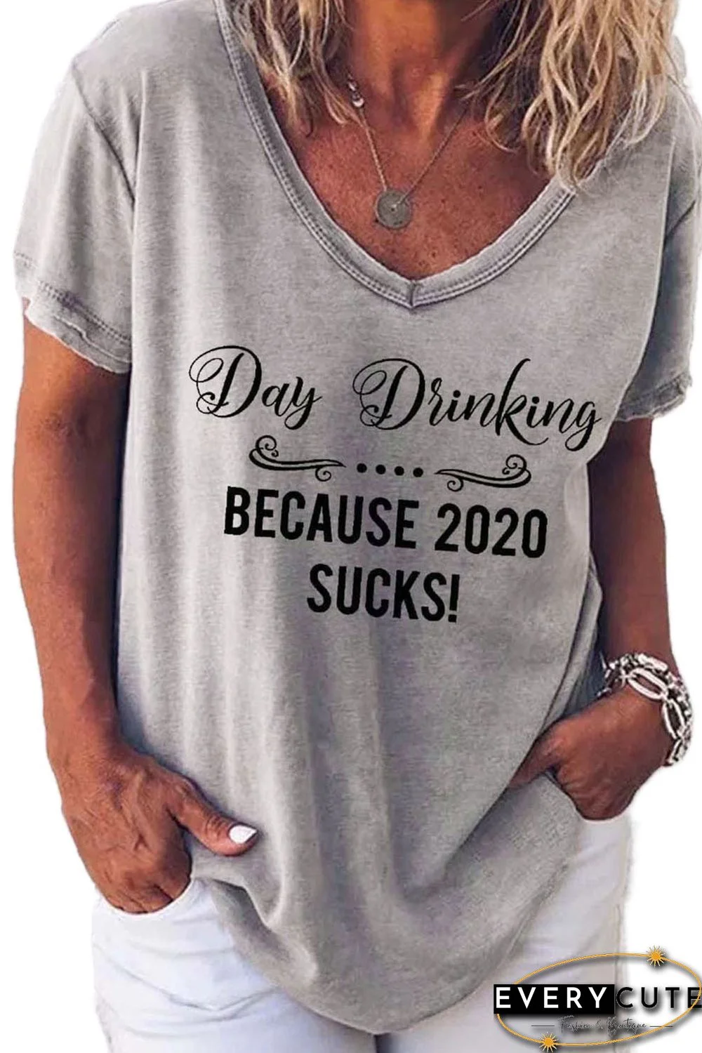 Light Gray Day Drinking Because 2020 Sucks Print V-neck T-shirt