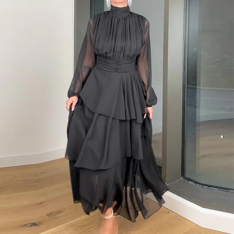 Ueong Ueong 2023 New French Hepburn Wind Solid Color High Collar Waist Cake Dress Woman