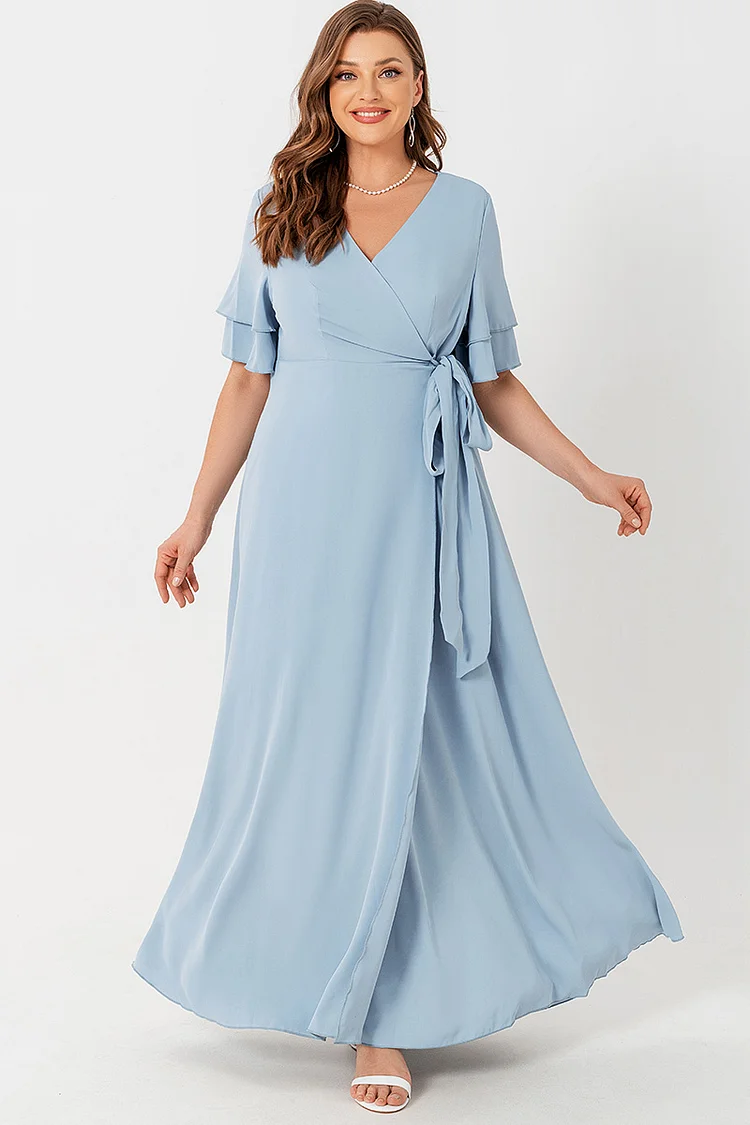 Flycurvy Plus Size Mother Of The Bride Light Blue Chiffon Double Ruffle Sleeve V Neck Lace-Up Tunic Maxi Dress  Flycurvy [product_label]