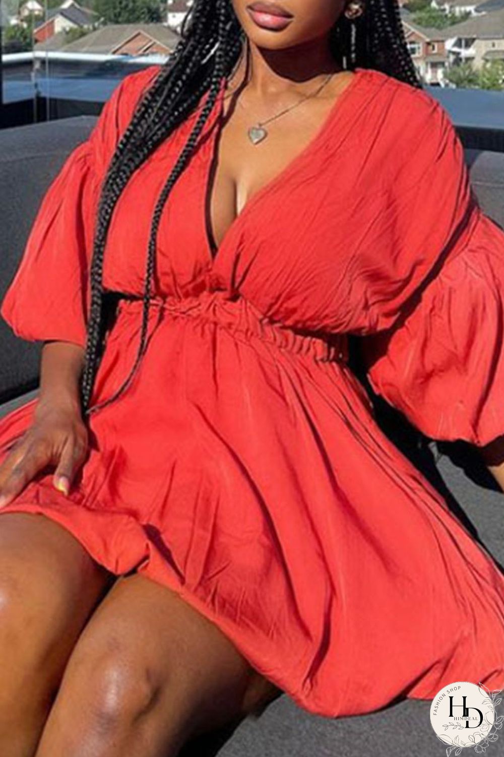 Red Fashion Sweet Solid Patchwork V Neck Lantern Skirt Dresses