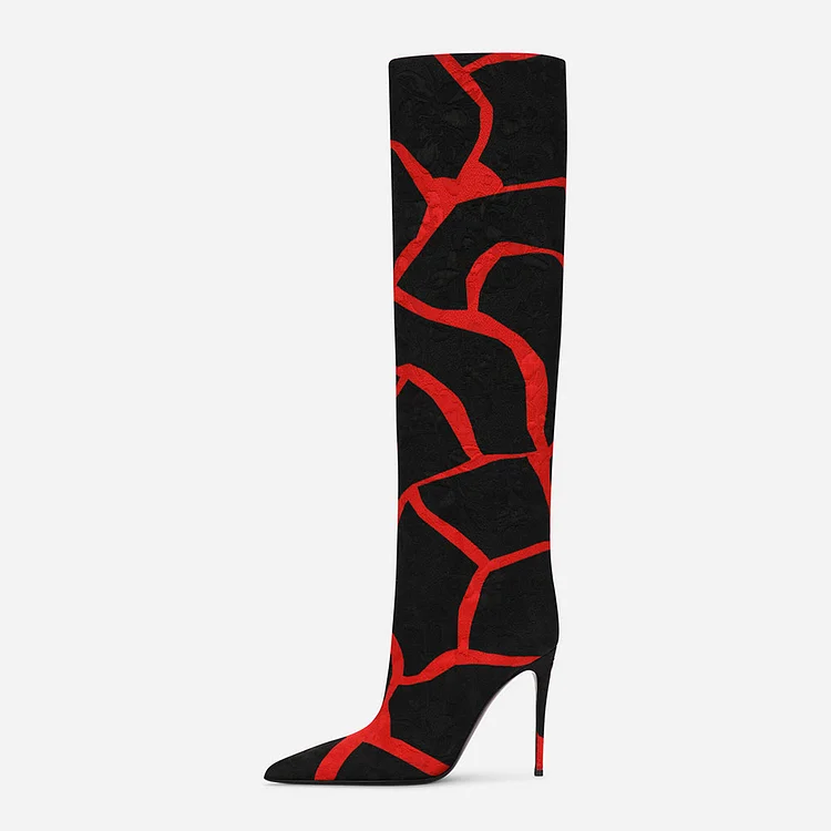 Women's Stylish Black & Red Giraffe-Print Knee High Heeled Boots |FSJ Shoes