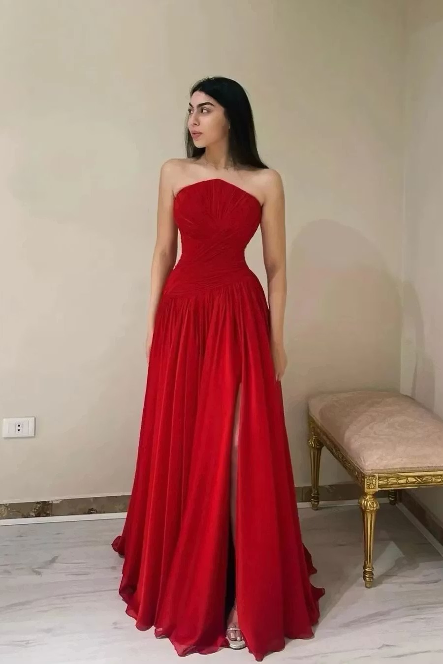 Lussooy Red Strapless Sleeveless Evening Dress With Split
