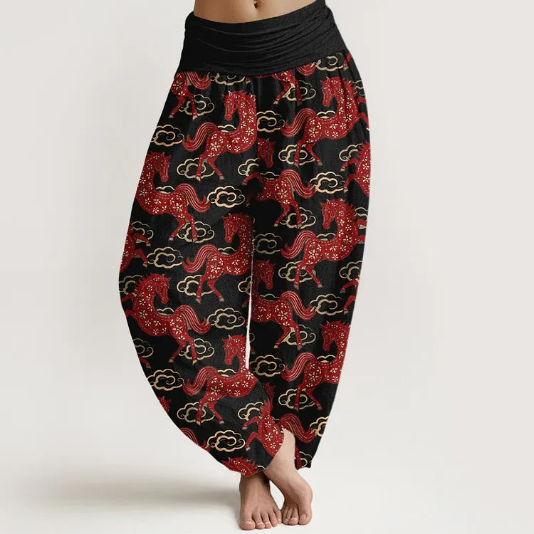 Cotton Gorgeous Horse Cloud Pattern Women's Elastic Waist Harem Pants