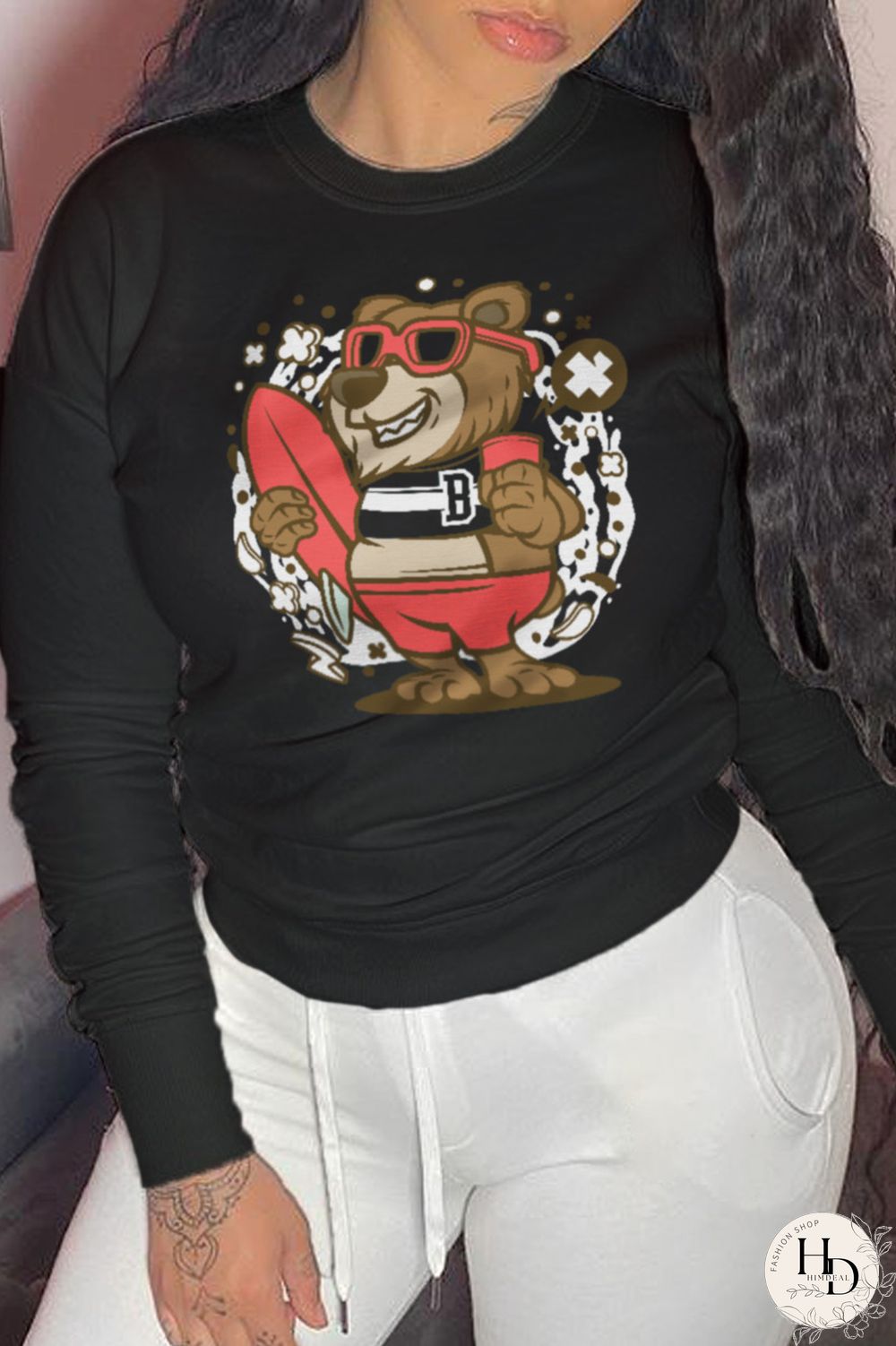 Black Fashion Street Character Patchwork O Neck Tops