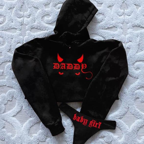 Sexy Devil Face Printed Sports Suit Cropped Hoodie Suit Set