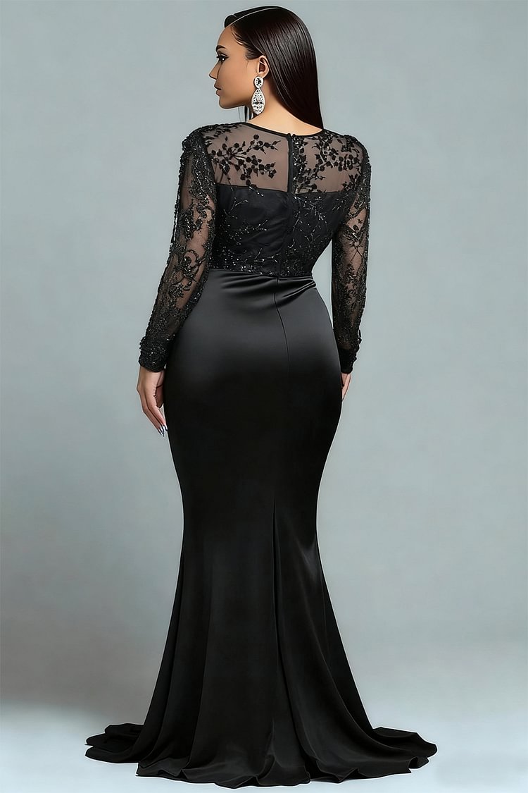 Xpluswear Design Plus Size Formal Sequin Black Round Neck Puff Sleeve Long Sleeve Mermaid Elegant See Through Satin Maxi Dresses [Pre-Order]