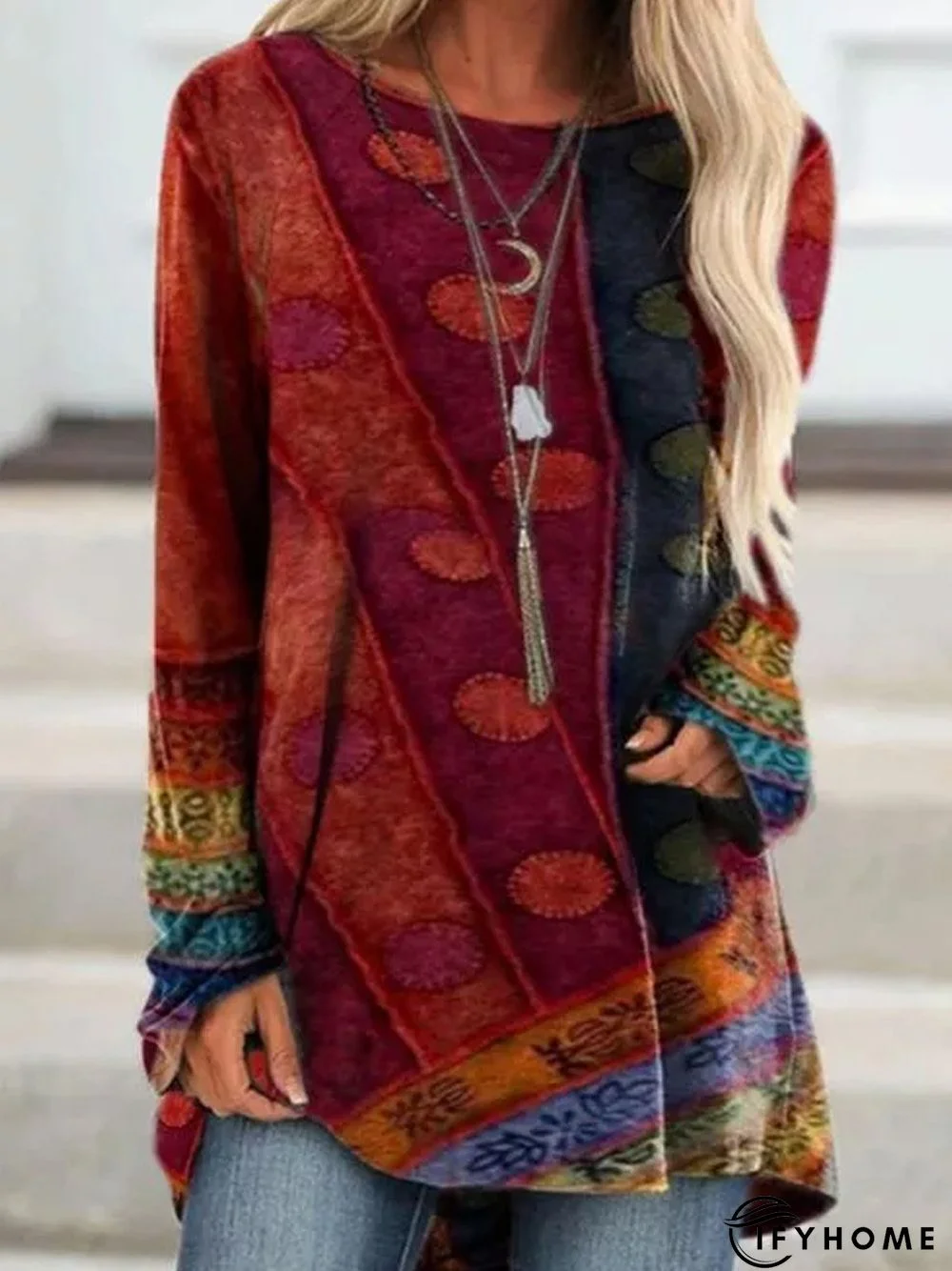 Long Sleeve Patchwork Round Neck Tunic T-Shirt | IFYHOME