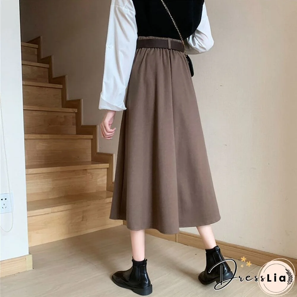 Solid Skirts Women Mid-calf High Waist Friends Korean Style Elegant College Spring Autumn All-match Jupe Mujer Faldas Female Ins