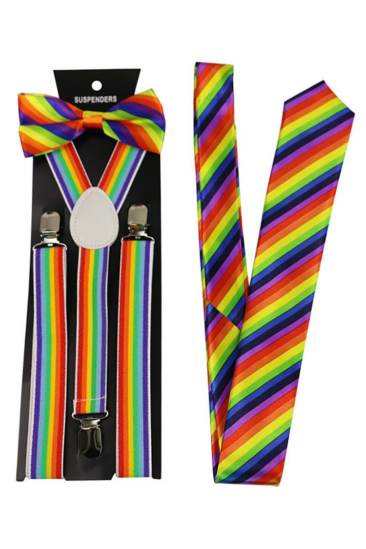 Rainbow Striped Tie And Strap Clip Three-Piece Strap Suit