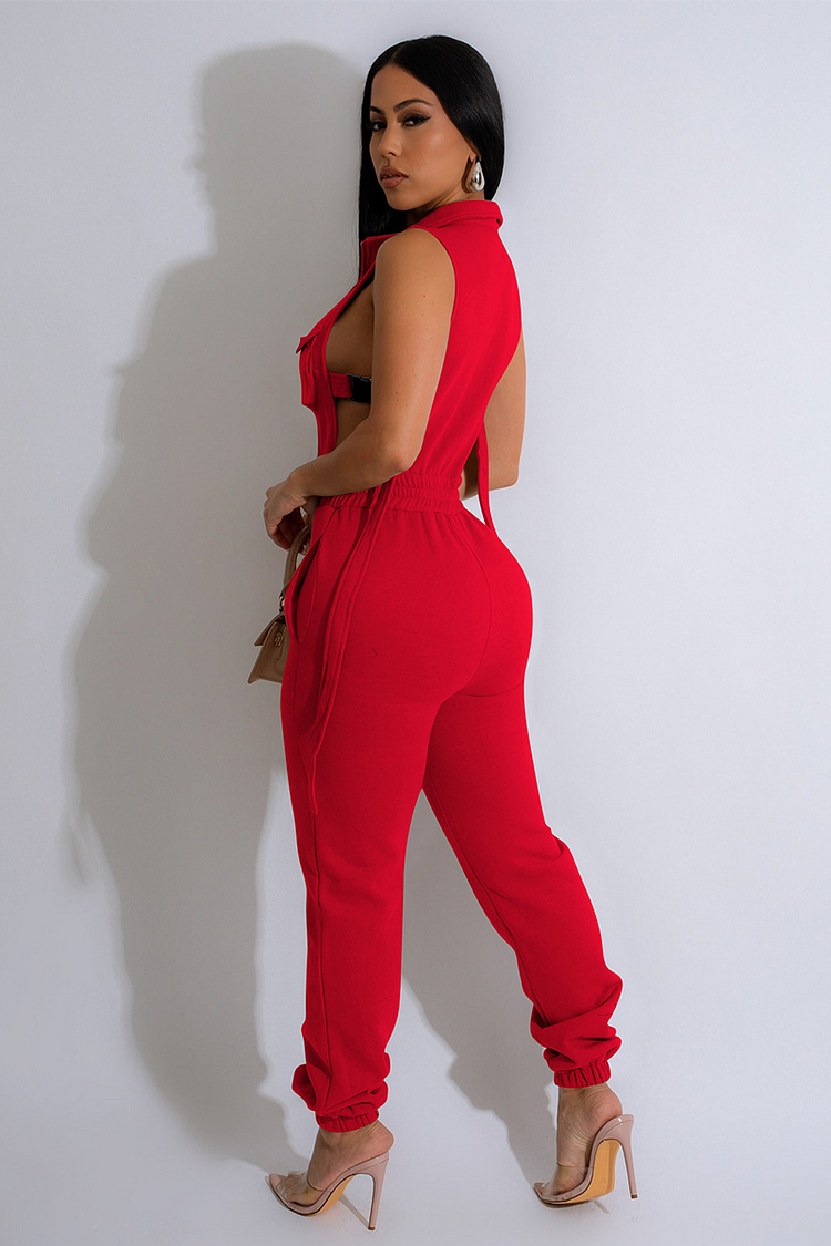 Sleeveless Side Buckle High Waist Solid Color Pocket Jumpsuit-Red