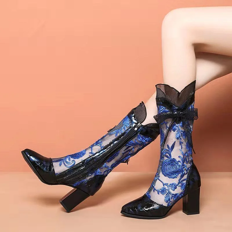 Ethnic Embroidery Flower Women High Boots 2021,Summer Mesh Shoes,Ankle Botas,Pointed Toe,Hollow out,BLACK,BLUE,Dropshipping