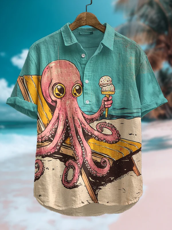 Men's Octopus Eating Ice Cream At The Beach Art Print Polo Shirt