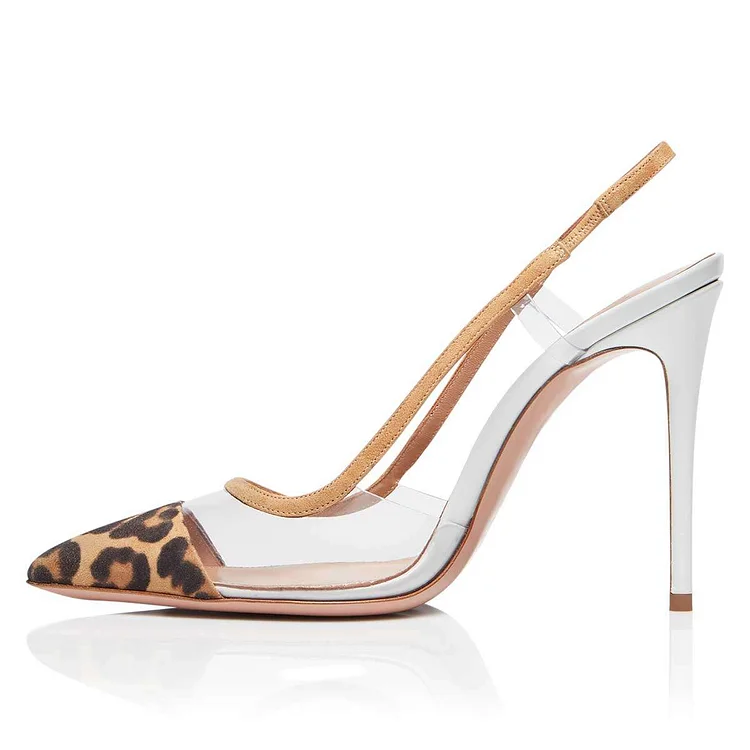 Women's Leopard Print Clear Heels Pointed Toe Slingback Pumps |FSJ Shoes
