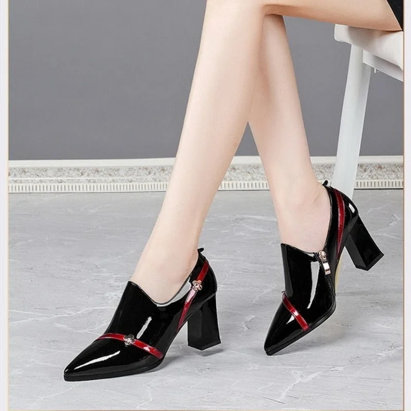 2020 New Autumn Shoes Woman High Heels Women's Pumps Soft Patent Leather Shoe Thick Heel Fashion Pointed toe Deep BLACK Wine-red