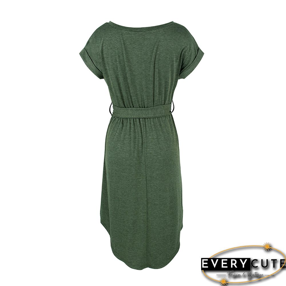 Green Button Up Tie Waist Short Sleeve Knit Dress