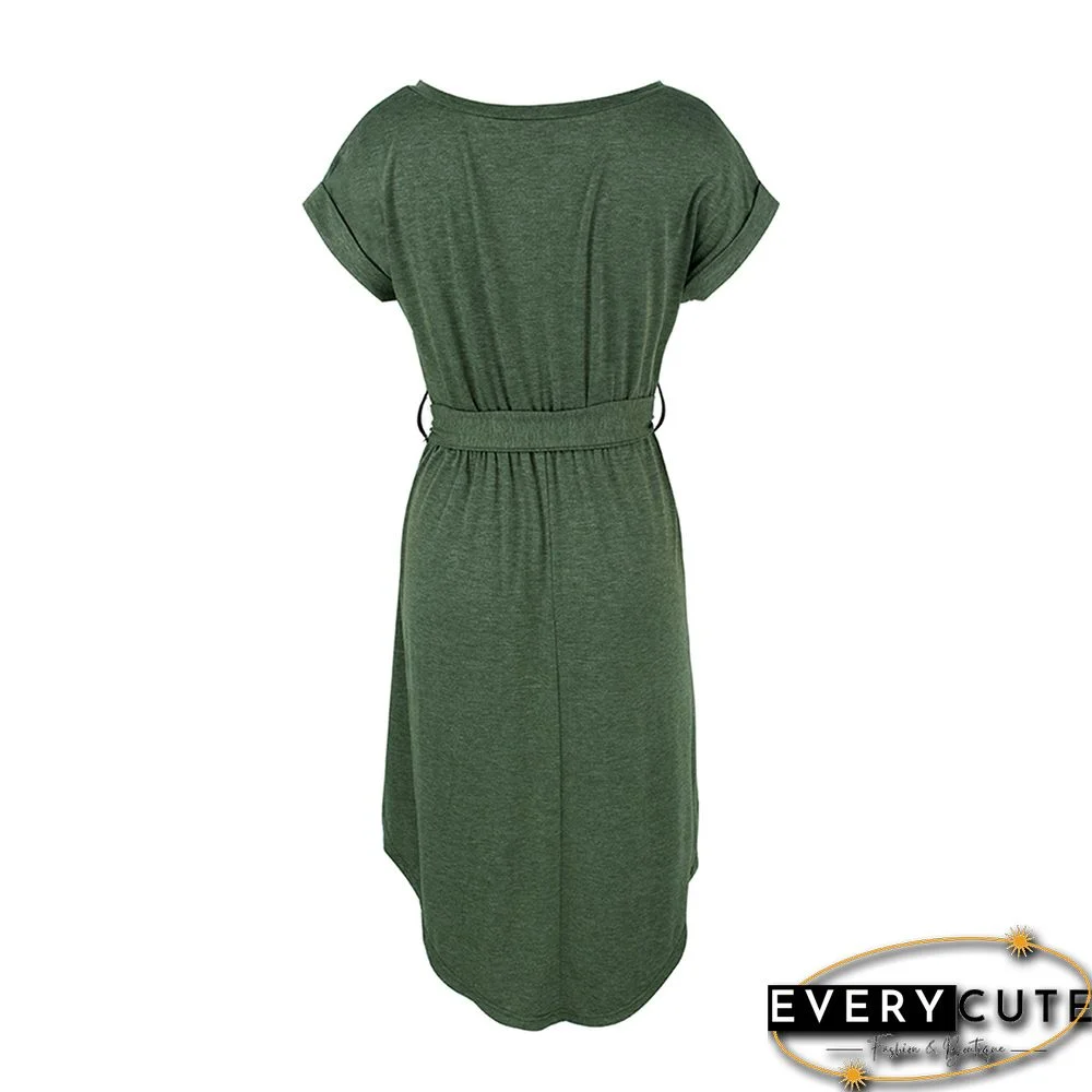 Green Button Up Tie Waist Short Sleeve Knit Dress