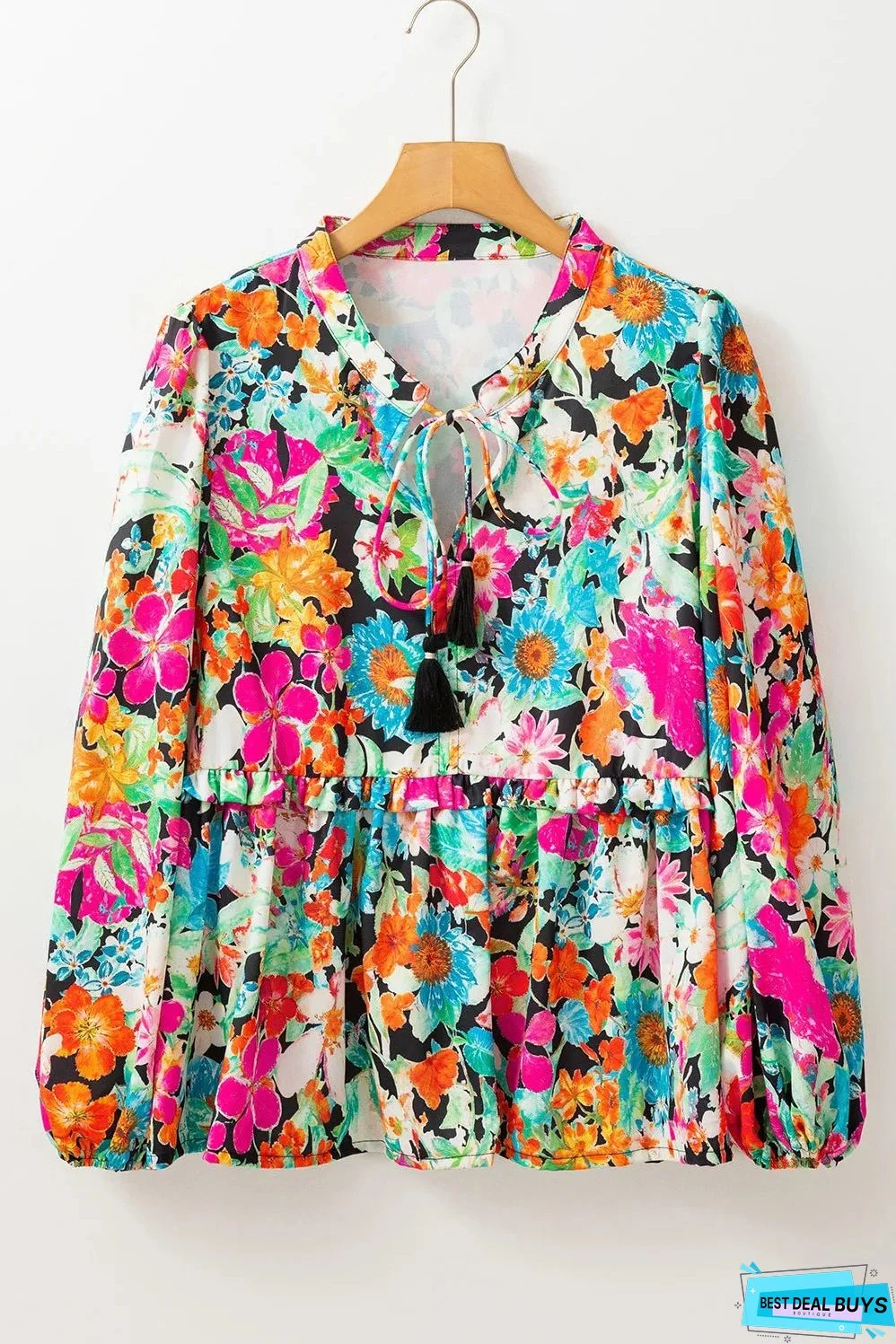 Printed Tie Neck Long Sleeve Blouse