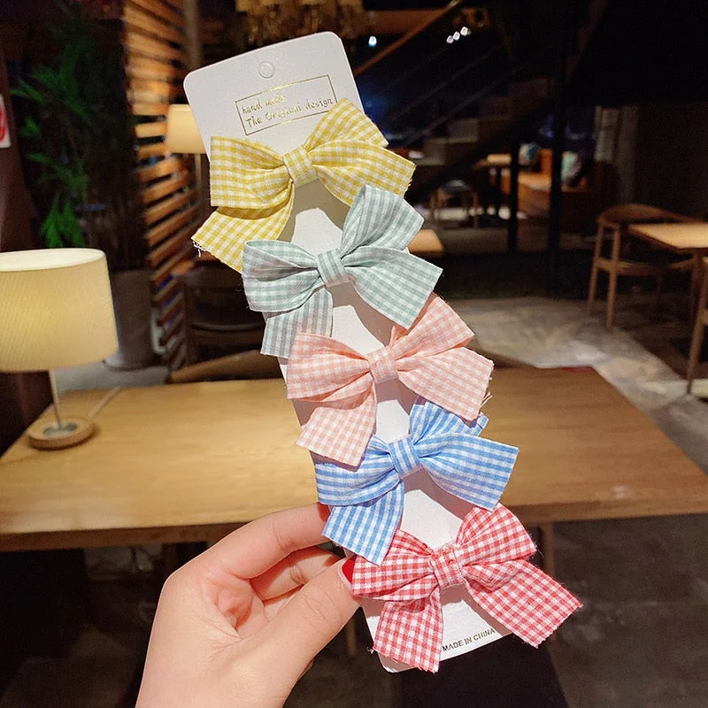 5PCS/Set New Girls Cute Plaid Print Star Hairpins For Kids Children Sweet Headband Hair Clips Barrettes Fashion Bow Accessories