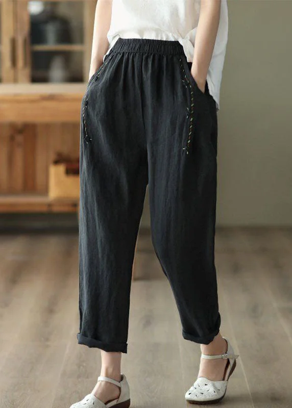 Vintage Black PocketsPatchwork Linen Pants Summer