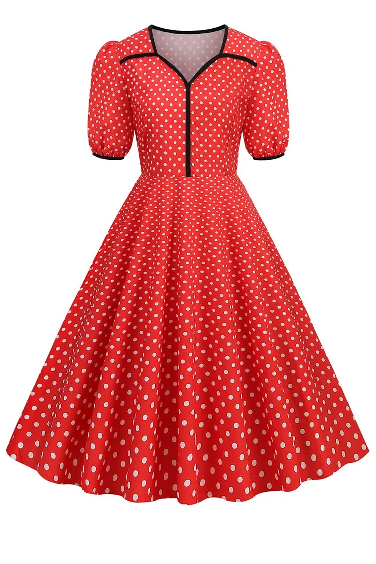 1950s Red Party Polka Dot Puff Sleeve V Neck Midi Dress
