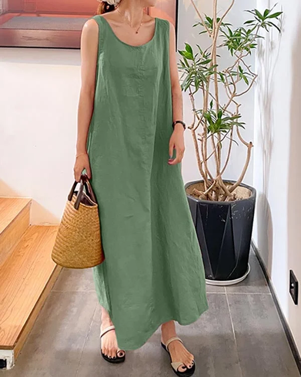 Linen Loose Crew Neck Sleeveless Dress